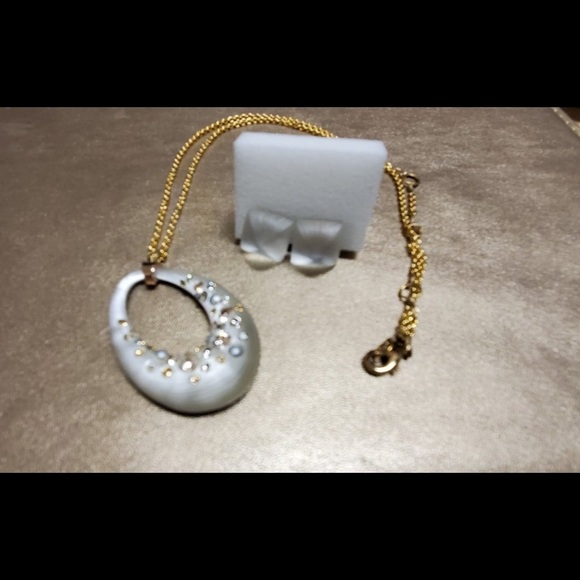 Alexis Bittar Silver White Lucite and Crystals Necklace and stud earrings Set.